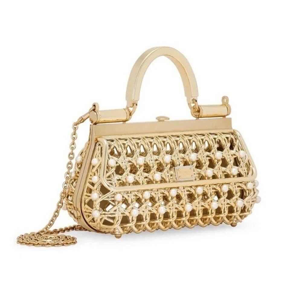 Dolce & Gabbana Sicily pearl-embellished caged metal gold tote bag $10,500 NEW